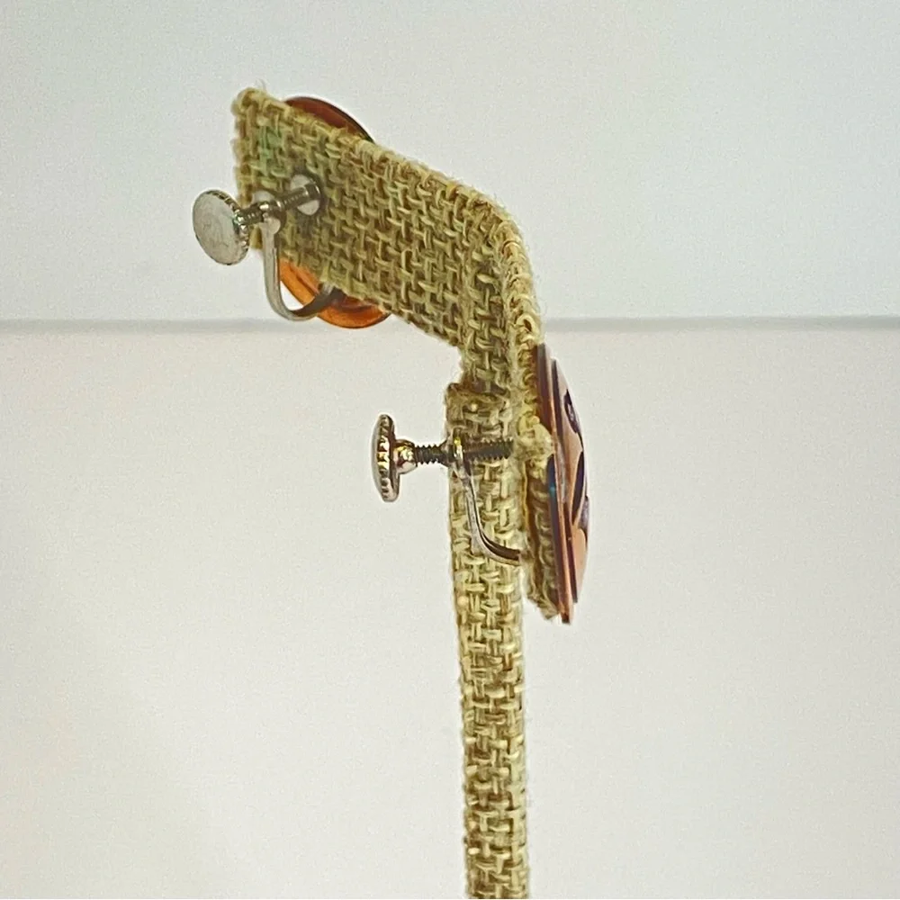 Vintage Copper‎ Screw Back Earrings Bird Design Round Disc